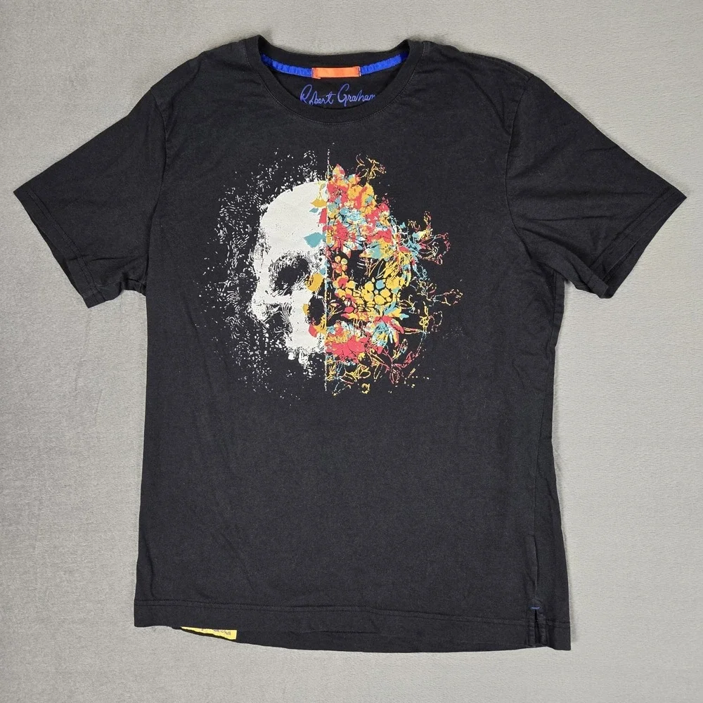 Robert Graham T-Shirt Mens XL Black Short Sleeve Skull Crew Neck Pullover Cotton